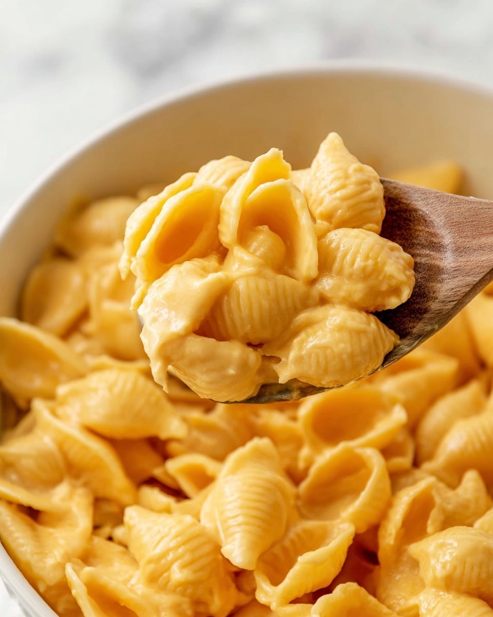A close-up view of creamy, orange-yellow mac and cheese shell pasta with a smooth texture. The shells are evenly coated with the cheese sauce, showing a mix of some smaller and larger shells. A wooden spoon holds a scoop of the pasta, lifting it above the rest inside a white bowl. The background features a white marbled surface, giving a clean and bright look. photo taken with an iphone --ar 4:5 --v 7