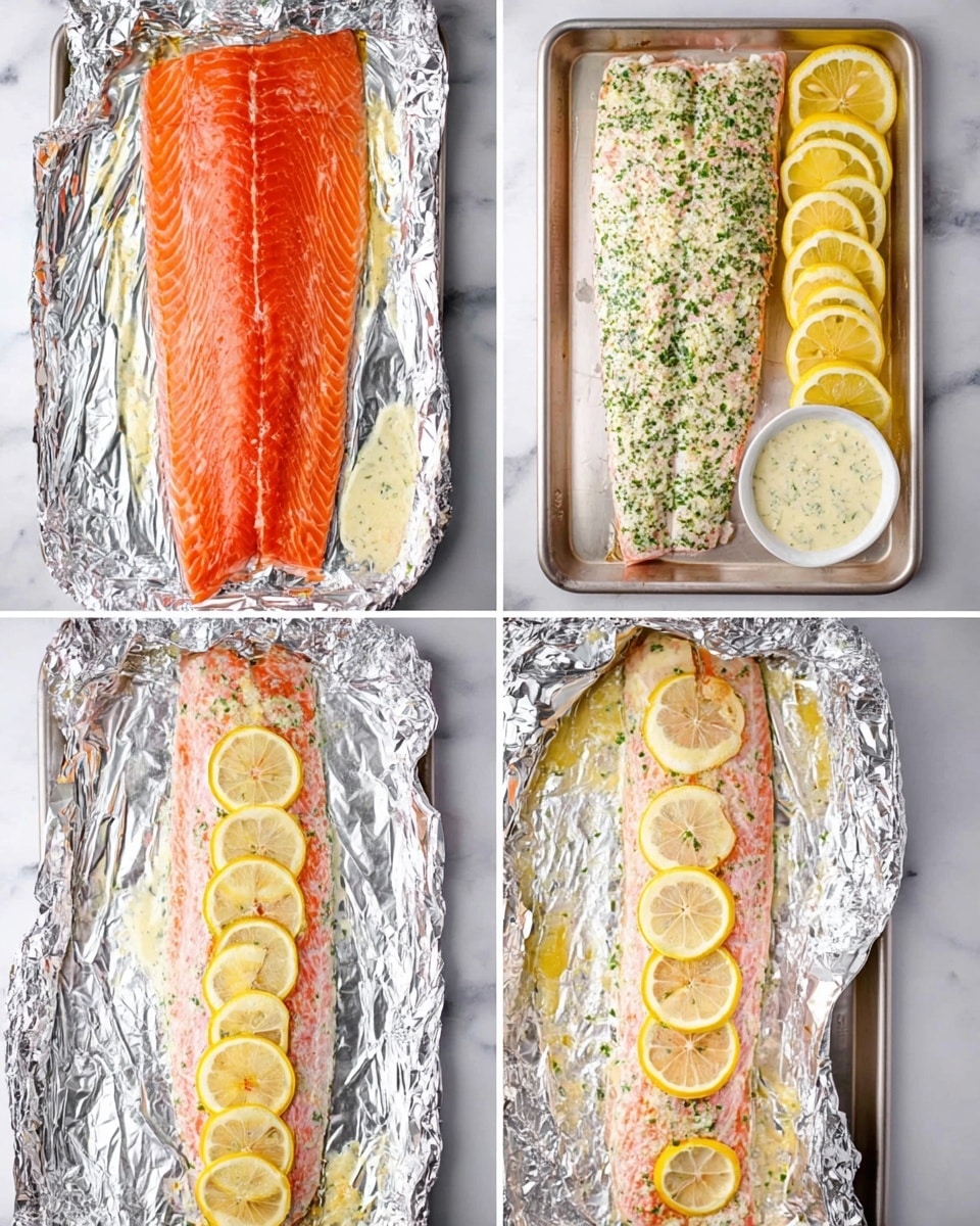 The image shows four stages of preparing a large salmon fillet on a tray covered with shiny aluminum foil, all set on a white marbled surface. The first stage shows the fresh salmon fillet on the left with its bright orange color and delicate lines, accompanied on the right side by yellow lemon slices stacked and a small white bowl filled with a creamy herb sauce. Next, the fillet is coated with a green herb mixture spread evenly, topped with nine thin, round lemon slices placed in a loose pattern across the surface of the salmon. In the third view, the salmon is partially wrapped in foil with the lemon slices still visible on the creamy herb layer, showing a bit of moisture and a fresh look. The last stage shows the cooked salmon with a lighter, slightly pinkish tone, the herb sauce set on top, and the lemon slices now softened a bit, all on the shiny foil with some juicy liquid pooling around the fish's edges. photo taken with an iphone --ar 4:5 --v 7