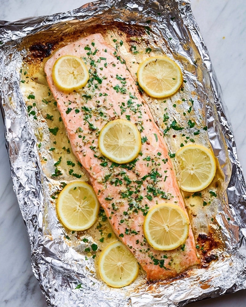 A large piece of cooked salmon lies flat on crinkled silver foil, which is placed on a white marbled surface. The salmon is light pink with a slightly cooked glossy texture, speckled with finely chopped green herbs spread evenly across the top. Seven thin lemon slices rest on the salmon, spaced apart with some near the edges and others more centered. The foil has brown spots from baking, and the whole dish looks fresh and juicy. photo taken with an iphone --ar 4:5 --v 7