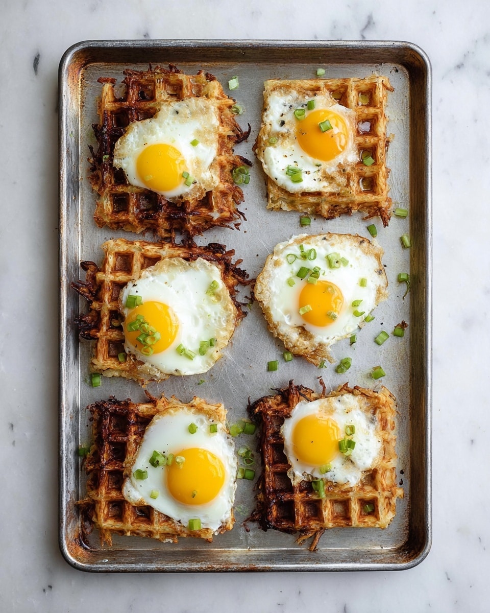 The image shows a metal baking sheet with six square hash brown waffles, three of which are topped with sunny-side-up eggs that have bright yellow yolks and white edges. The hash brown waffles are golden brown and crispy with some darker spots, showing a textured lattice pattern. Small green pieces of chopped scallion are sprinkled on top and around the waffles for color contrast. The baking sheet rests on a white marbled surface, giving a clean and simple background. photo taken with an iphone --ar 4:5 --v 7