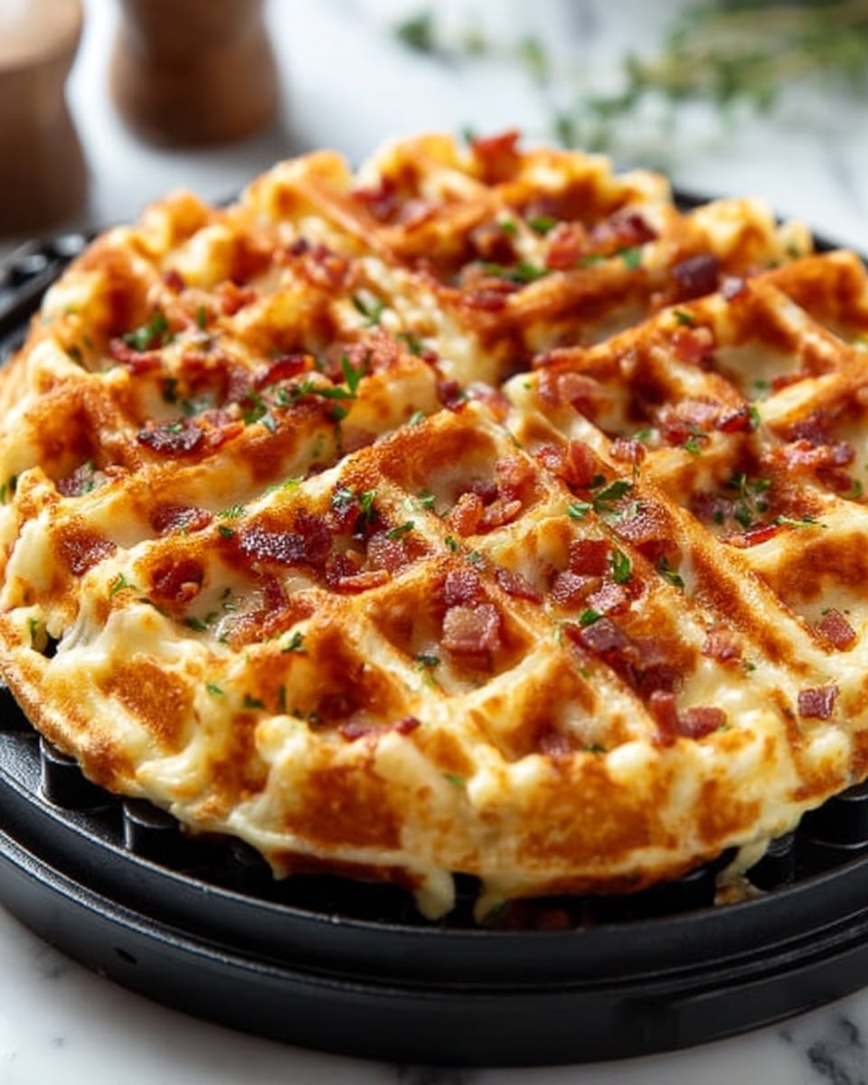 The image shows a single golden brown waffle placed on a black round waffle maker plate. The waffle has a crispy texture with small squares filled with melted cheese and bits of finely chopped bacon scattered evenly across the top. Some small green herbs are sprinkled lightly over the waffle, adding touches of color. The edges of the waffle are slightly uneven, showing its homemade style. The background features a white marbled surface with blurred kitchen elements. photo taken with an iphone --ar 4:5 --v 7