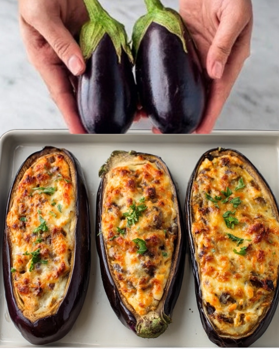 The image shows three stuffed eggplant halves placed side by side on a white tray. Each eggplant has a shiny, dark purple skin, and the tops are removed. Inside, there is a thick layer of a golden brown mixture filled with small pieces of orange, green, and light beige ingredients, suggesting vegetables and cheese, topped with small green herb bits. Above the eggplants, a woman's two hands are holding three whole eggplants, all shiny and dark purple with green stems, positioned on a white marbled surface. The photo is taken with an iphone --ar 4:5 --v 7