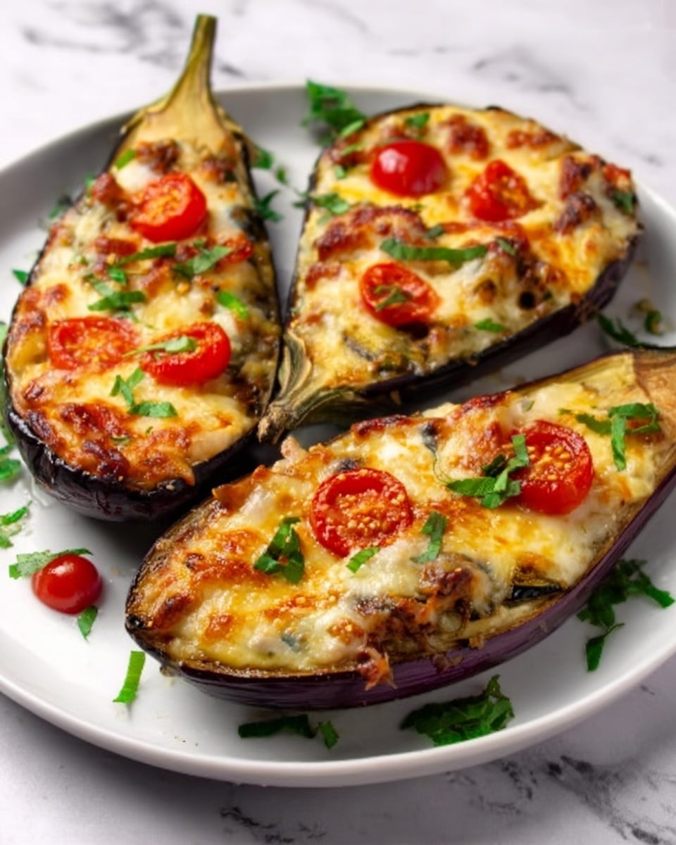 The image shows four slices of eggplant topped with melted cheese, cherry tomato halves, and some green herbs on a baking tray lined with parchment paper. Each eggplant slice has a dark purple skin with a soft, light-colored inside. The cheese is golden and bubbly, covering the surface with some spots browned from baking. Red cherry tomato halves are placed on top of the cheese on each slice, adding bright color. Some green herbs are sprinkled evenly over the cheese and tomatoes. A woman’s hand is using a fork to lift one slice, showing the melted cheese stretch. The background is a white marbled texture. photo taken with an iphone --ar 4:5 --v 7