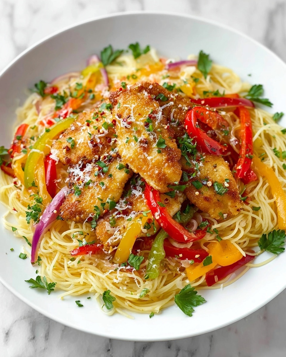 A white plate holds a layered dish starting with a base of thin, light yellow spaghetti noodles, mixed with slices of red, yellow, and green bell peppers and thin rings of purple onion scattered throughout. On top of the noodles are four pieces of golden-brown crusted chicken, simmered with a light, crispy texture and sprinkled with green herbs and small bits of red chili flakes. The dish is finished with a light dusting of grated white cheese and fresh green parsley leaves spread over the top and around the plate. The plate sits on a white marbled surface. Photo taken with an iphone --ar 4:5 --v 7