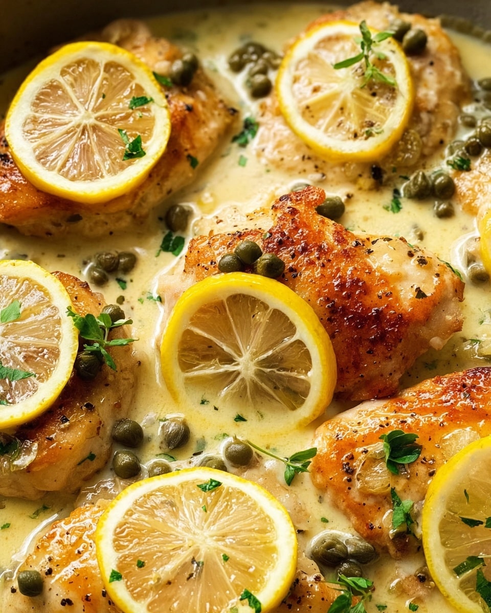 The image shows a close-up top view of several golden brown cooked chicken pieces in creamy sauce. On top of the chicken, there are thin yellow lemon slices, each with small green capers and black pepper sprinkled. The sauce is light yellow with a smooth creamy texture, and there are small green herb bits around. A white marbled surface is visible in the background around the edges. photo taken with an iphone --ar 4:5 --v 7