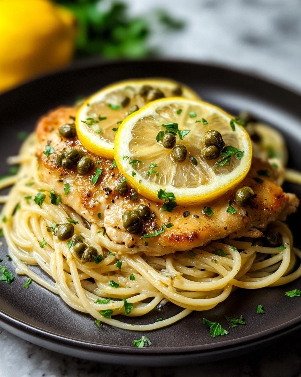 A round layer of creamy spaghetti with a light sauce sits at the bottom on a white marbled surface, topped by a golden brown cooked chicken piece with a slightly crispy look. On top of the chicken, two thin slices of lemon with a translucent yellow peel and seeds are placed, sprinkled with small green capers and finely chopped parsley. More small green capers and parsley pieces are scattered around the dish. The whole is set on a simple black plate, with a soft focus on a yellow lemon and green herbs in the blurred white marbled background. photo taken with an iphone --ar 4:5 --v 7