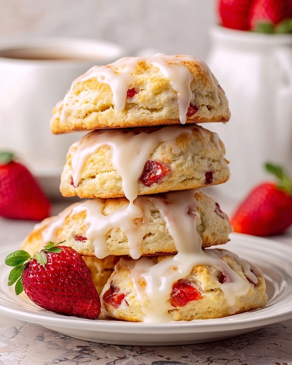The image shows several round strawberry scones with a light golden color and visible chunks of red strawberry inside. Each scone is topped with a white glaze that drips slightly down the sides, creating soft, shiny streaks. The scones are placed on a white marbled surface, surrounded by whole fresh strawberries with bright red skin and green leaves. The scones and strawberries are arranged close to each other, filling the frame evenly. photo taken with an iphone --ar 4:5 --v 7