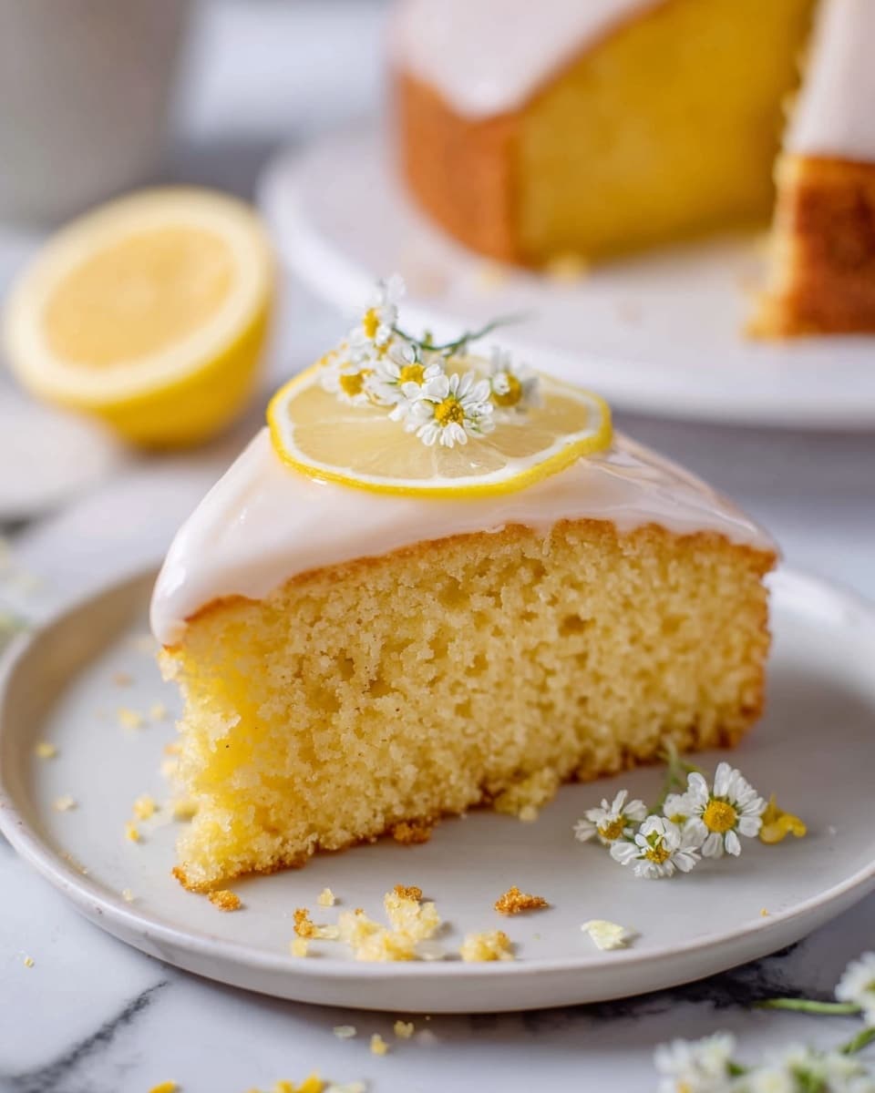 A single slice of yellow cake with a soft and crumbly texture sits on a white plate, topped with a thin layer of smooth white icing. On top of the icing, there is a thin lemon slice and small white flowers with yellow centers for decoration. The cake slice is placed on a white marbled surface, with crumbs and flower petals scattered lightly around the plate. In the background, there is a blurred lemon half and part of the whole cake. Photo taken with an iphone --ar 4:5 --v 7