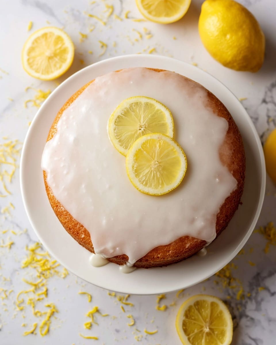A single-layer round lemon cake sits on a white plate with a smooth, shiny white glaze evenly covering the top and slightly dripping over the edges. Two thin, bright yellow lemon slices rest on the center of the glazed surface, adding a fresh, vibrant detail. The plate is placed on a white marbled surface scattered with a few whole lemons, lemon slices, and lemon zest, creating a clean and fresh background that contrasts with the cake’s warm golden-brown edges. Photo taken with an iphone --ar 4:5 --v 7