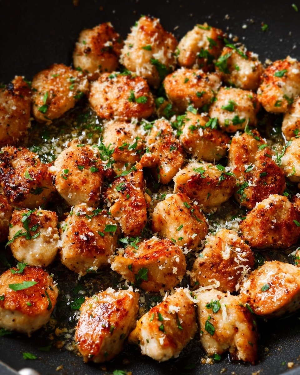 The image shows a bowl filled with creamy pasta at the bottom, light yellow in color with a smooth texture. On top, there are several pieces of golden-brown cooked chicken scattered across the pasta, each piece having a slightly crispy surface with small green herb bits sprinkled over them. A fine layer of grated cheese is lightly dusted on the chicken, adding a white contrast. The bowl is white with a faint decorative pattern near its rim, and the setting features a white marbled surface. photo taken with an iphone --ar 4:5 --v 7