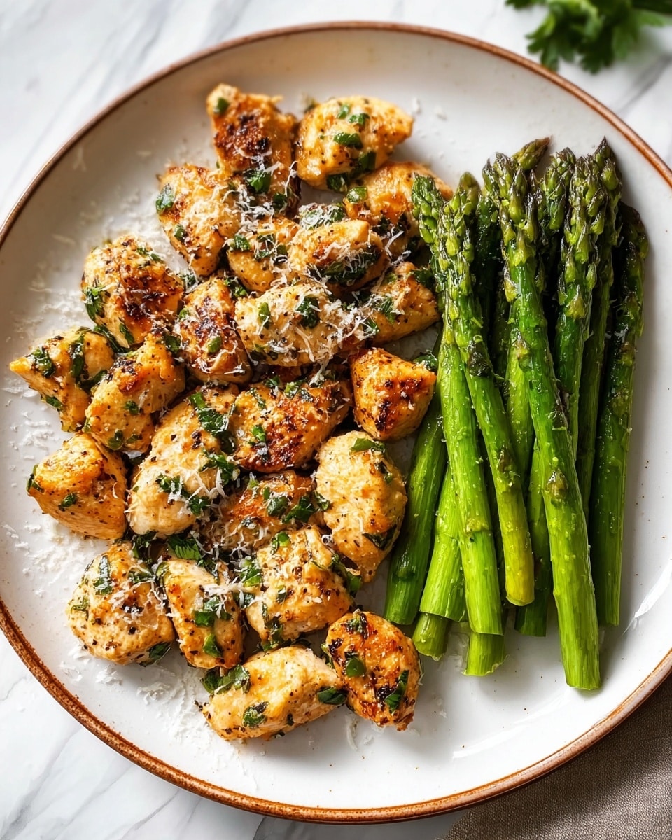 A white round plate with a brown rim holds two main items: on the left side, there are about twenty small pieces of golden brown, cooked chicken with green herb bits sprinkled throughout, some pieces have a light topping of white grated cheese; on the right side, a neat bunch of bright green cooked asparagus spears, slightly charred in places, lie parallel to one another. The background surface is a white marbled texture. photo taken with an iphone --ar 4:5 --v 7
