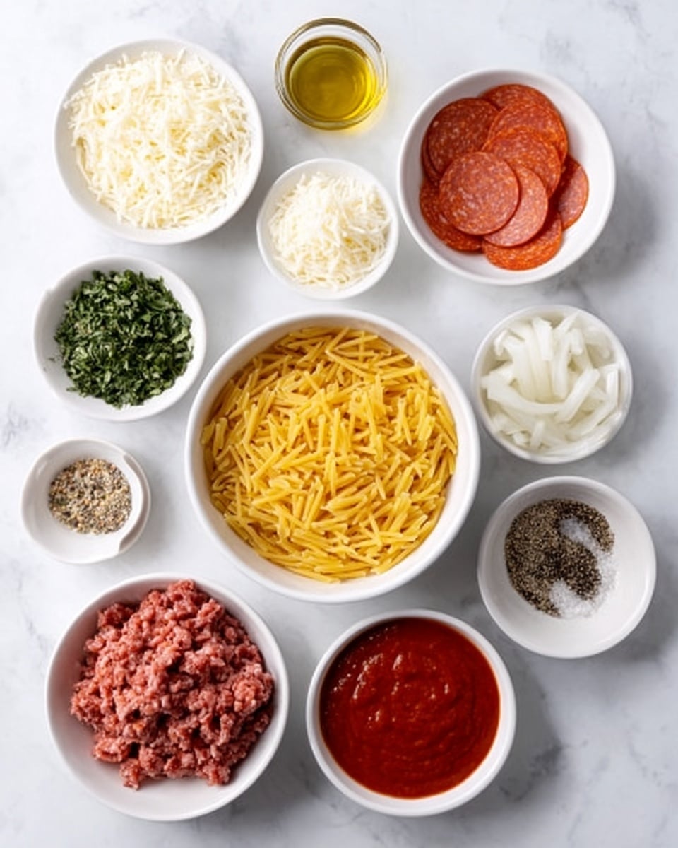 The image shows several small white bowls and one larger white bowl arranged neatly on a white marbled surface. The largest bowl at the bottom center contains uncooked yellow pasta. Around it are smaller white bowls filled with different ingredients: finely shredded white cheese, round slices of pepperoni, finely chopped green herbs, a mix of black and white pepper, salt, olive oil in a small glass bowl, chopped onions, tomato sauce, and raw ground meat. The setup looks clean and organized, with bright natural light highlighting the textures and colors. photo taken with an iphone --ar 4:5 --v 7