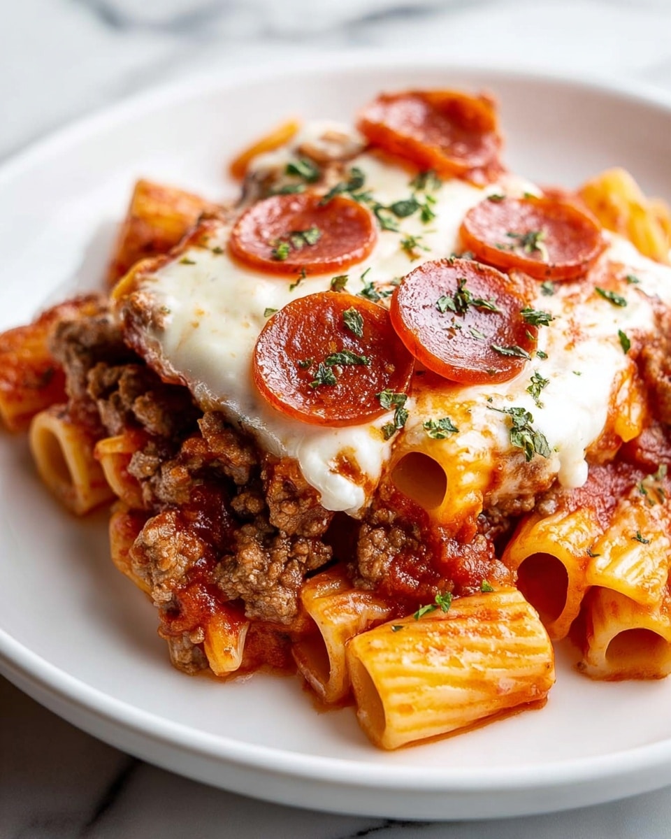A white plate holds a dish with three main layers. The base layer is rigatoni pasta, coated in a thick red tomato sauce mixed with small pieces of cooked ground meat. On top of this is a layer of round, shiny, reddish pepperoni slices placed evenly. The top layer is melted white cheese with a soft texture, sprinkled with small bits of green herbs. The whole dish sits on a white marbled surface. photo taken with an iphone --ar 4:5 --v 7