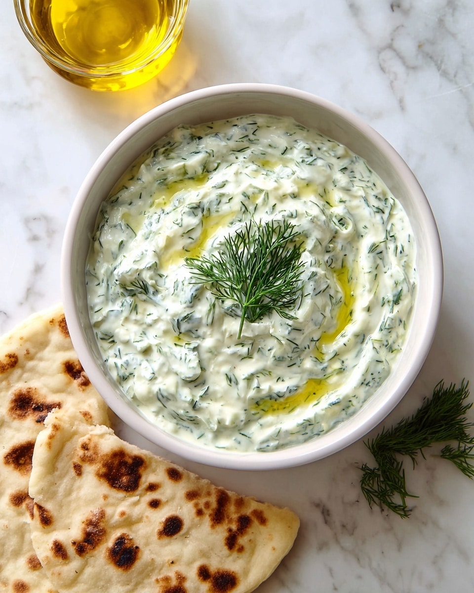 A white bowl filled with thick, creamy light green tzatziki sauce with visible finely chopped dark green dill mixed throughout, a little drizzle of golden olive oil pools in the middle and a small bunch of fresh dill sits on top; next to the bowl, there are two pieces of flatbread with browned spots, all placed on a white marbled surface; a glass container with golden olive oil is partially visible in the top left corner photo taken with an iphone --ar 4:5 --v 7