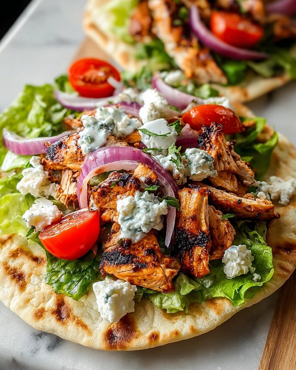 The dish shows a soft flatbread as the base with fresh green lettuce spread over it. On top of the lettuce, there are pieces of grilled chicken with visible char marks, giving it a brown and slightly blackened texture. Red cherry tomato halves are placed around the chicken, adding brightness with their juicy and glossy look. Thin slices of purple onion lay over the chicken, creating contrast with their smooth texture. Small chunks of white cheese are scattered over the top, along with a dollop of creamy white sauce with green herbs mixed in. The whole dish rests on a white marbled surface. photo taken with an iphone --ar 4:5 --v 7