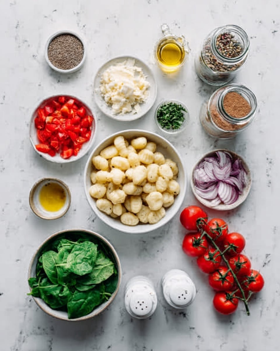 The image shows a white marbled surface with many ingredients placed neatly. At the center, there is a white bowl filled with small, pale yellow gnocchi. To its left, there is a small white bowl with chopped bright red tomatoes and another small white bowl with creamy white cheese. A white bowl with fresh green spinach sits below the gnocchi. On the right, a small bunch of red cherry tomatoes still on the vine rests on the marble surface. Around these, there are two glass jars with seeds or spices, a small white bowl with finely chopped red onion, a small white bowl with green herbs, and a small glass bottle with yellow oil. Two white salt and pepper shakers and a small cup with a brown powder complete the layout. All items rest on the white marbled texture. photo taken with an iphone --ar 4:5 --v 7
