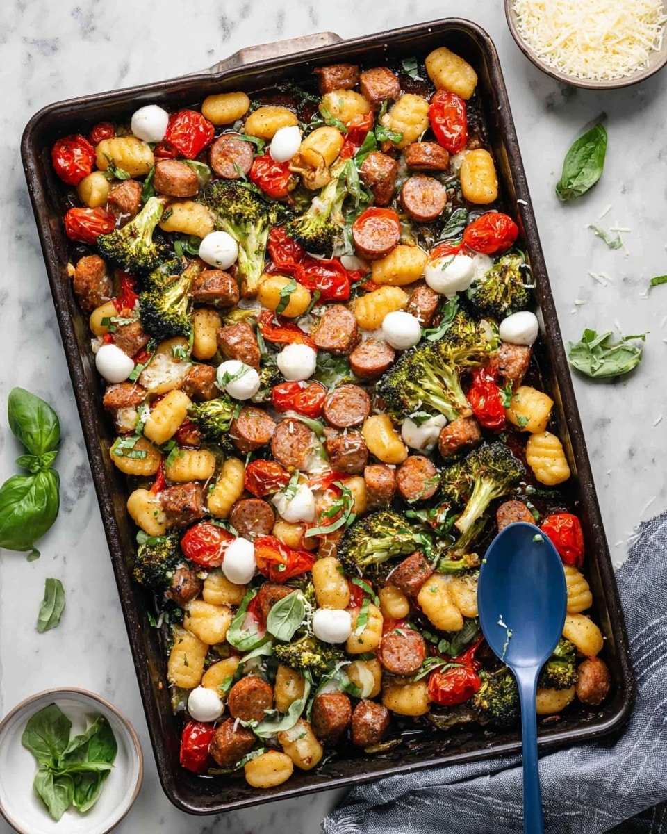 The image shows a large dark baking sheet full of cooked gnocchi, small cooked sausage pieces, roasted broccoli florets, halved cherry tomatoes, and small white mozzarella balls scattered on top. Fresh green basil leaves are sprinkled over the mix. A blue serving spoon rests on the right side of the sheet, holding some of the food. The background is a white marbled texture, with a small white bowl of grated cheese and a small white plate with basil leaves visible around the baking sheet. Photo taken with an iphone --ar 4:5 --v 7