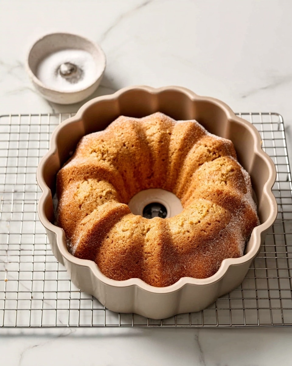 A golden brown Bundt cake with a slightly cracked top rests in a beige Bundt pan with scalloped edges. The cake looks soft and fluffy with a light crust. The pan is placed on a silver cooling rack, which sits on a white marbled surface. To the left of the pan is a small white bowl filled with white granulated sugar. The overall scene is bright and clean. photo taken with an iphone --ar 4:5 --v 7