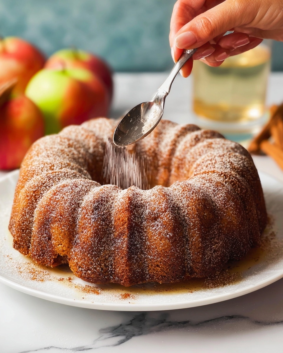 A round bundt cake with a rich golden-brown color sits on a white plate, showing a textured surface with ridges and valleys from the bundt shape. The top of the cake is being sprinkled with a light dusting of powdered sugar and cinnamon from a spoon held by a woman's hand. The sugar powder lightly coats the top and some of the sides, adding a soft white contrast to the deep brown cake. There is a slight sheen on the cake, as if it is moist, and a few light drips or spots of syrup are visible on the plate around the base of the cake. The scene is set on a white marbled surface with blurred apples and a glass in the background. Photo taken with an iphone --ar 4:5 --v 7