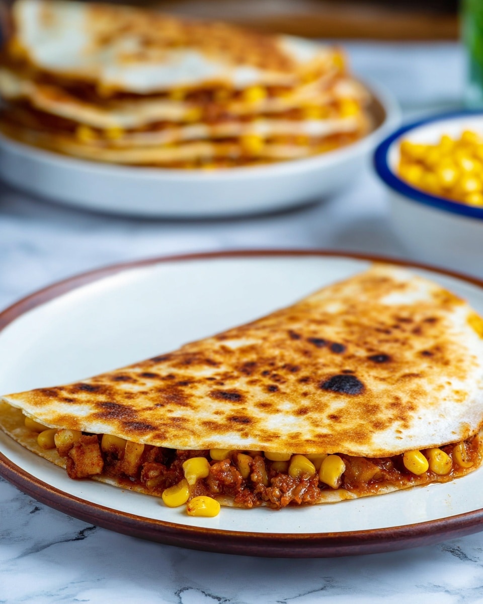 The image shows a folded quesadilla on a white plate with a brown rim, placed on a white marbled surface. The quesadilla has a golden-brown, toasted outer layer with small dark spots indicating its crispiness. Inside, visible along the open edge, are two layers: a bright yellow layer of corn kernels resting on top of a reddish-brown, finely shredded or minced filling that looks moist and seasoned. In the background, there is a white bowl holding stacked quesadilla slices with the same filling, blurred out to keep focus on the front quesadilla. Photo taken with an iphone --ar 4:5 --v 7