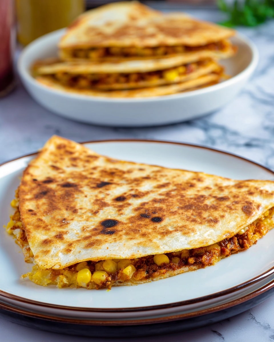 A white plate holds three triangle-shaped quesadilla pieces stacked, showing three layers of light golden-brown crispy tortilla with a filling of yellow corn kernels and reddish purple onions mixed with shredded brown meat in the middle. The top piece is garnished with a dollop of white sour cream sprinkled with chopped green herbs. To the side, there is a small white bowl with white sauce, and fresh green herbs are around the plate. The background has green leafy vegetables, and the dish is set on a white marbled surface. Photo taken with an iphone --ar 4:5 --v 7