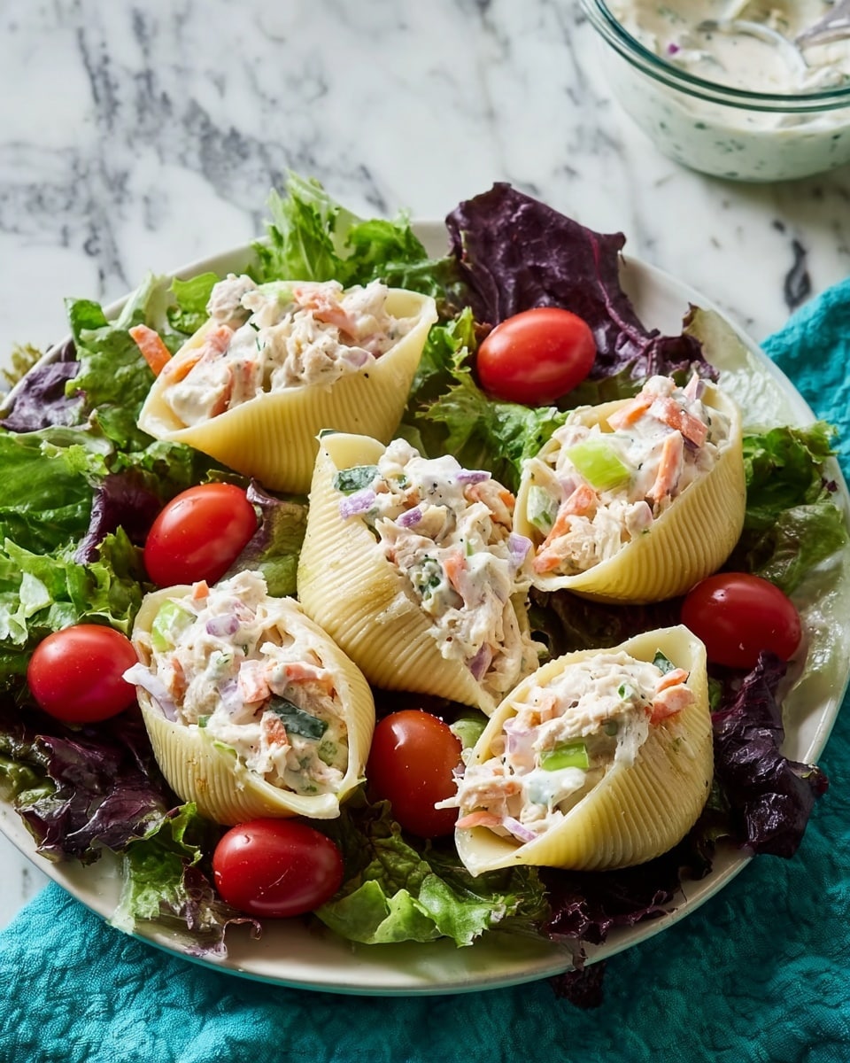 The image shows large shell pasta filled with a creamy salad made of chopped vegetables including cucumber, carrot, red onion, and some white dressing mixed with herbs. The shells are arranged on fresh green lettuce leaves and paired with bright red cherry tomatoes. The pasta shells are pale yellow with smooth ridges on their surface. Everything is placed on a white marbled surface. Photo taken with an iphone --ar 4:5 --v 7