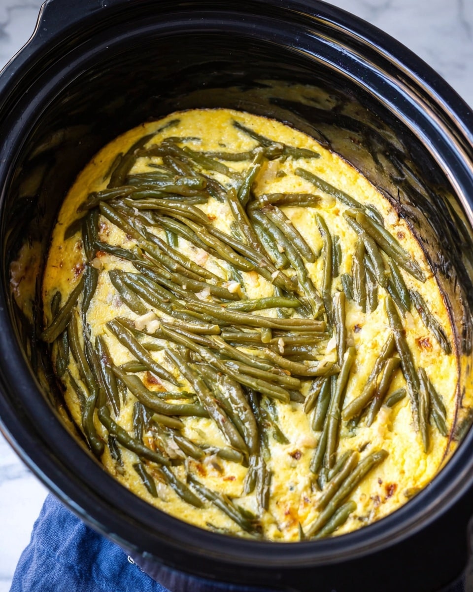 A black slow cooker pot filled with a creamy yellow layer of cooked cheese or egg base, visible at the bottom and middle, topped and scattered unevenly with soft, cooked green beans that have a slightly dull olive green color and some brown spots from cooking; the green beans are layered in different directions, covering most of the yellow base while some parts peek through. The pot is placed on a white marbled surface with a small part of a blue cloth visible on the edge. Photo taken with an iphone --ar 4:5 --v 7