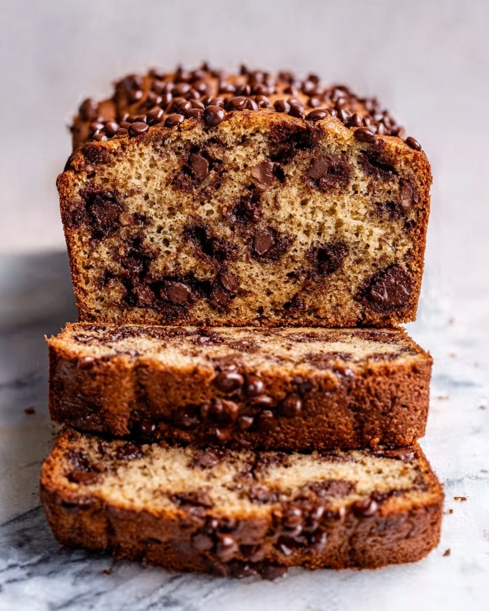 The image shows three slices of chocolate chip banana bread stacked slightly apart on a white marbled surface. The bread has a golden-brown crust with a rough texture, topped with scattered dark brown chocolate chips. The inside of the bread is light brown with a soft, moist texture and is filled with many small and medium-sized chocolate chips evenly spread throughout. The top slice reveals a rich, dense crumb with visible chocolate chips melted into the bread. Photo taken with an iphone --ar 4:5 --v 7