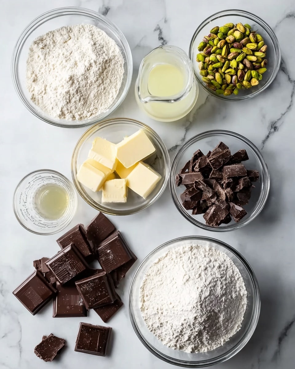 The image shows several clear glass bowls and a small glass pitcher arranged on a white marbled surface. There are seven clear bowls with different ingredients: the top-left bowl is full of flour, below it is a bowl with pistachios and two pats of butter. To the right of the pistachios bowl is a bowl with dark chocolate pieces, above it is a small bowl with a pale liquid and a glass pitcher with more of the same liquid. At the center, there is a large bowl full of white flour, to its right is another flour bowl slightly smaller in size. Below the flour bowls, there is a bowl with large dark chocolate pieces and a few smaller squares of chocolate on the surface near them. The overall color palette is light with white flour, green pistachios, and dark brown chocolate contrasting against the white marbled background. photo taken with an iphone --ar 4:5 --v 7