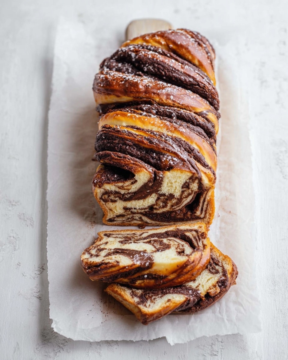 The image shows a close-up of a braided bread loaf with three thick twisted layers. The outer layer is golden brown and shiny, showing a soft and slightly fluffy texture. Inside the twists, there are darker brown layers of rich chocolate filling that look smooth and dense. The bread sits on a piece of parchment paper placed on a white marbled surface, with a neutral light background behind it. Photo taken with an iphone --ar 4:5 --v 7