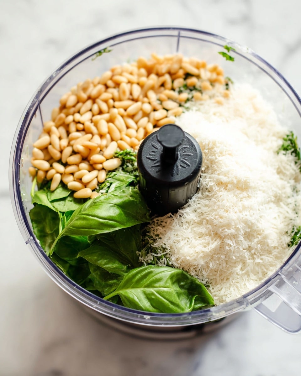 A clear food processor bowl sits on a white marbled surface, filled with four main layers: a pile of toasted pine nuts with a light golden brown color, a heap of finely grated white cheese forming a fluffy texture, several fresh green basil leaves with smooth and crinkled surfaces, and more grated cheese partially covering the basil. The food processor's black central blade is visible at the center, standing upright among the ingredients. photo taken with an iphone --ar 4:5 --v 7
