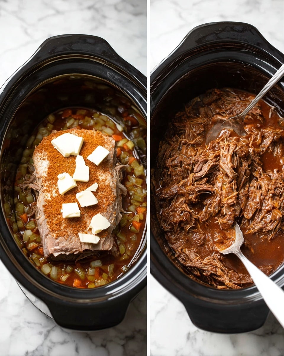The image shows two views of a black slow cooker on a white marbled surface. The left side has a layered raw beef chuck roast resting on diced vegetables with a shiny orange-brown spice powder on top. Several white butter pieces are scattered over the beef. On the right side, the slow cooker contains shredded meat mixed with thick, dark brown sauce, appearing juicy and tender. Two silver forks are inside, one held by a white utensil visible at the bottom right corner. Both views emphasize rich textures and warm, earthy colors, focusing on the slow cooker’s contents. Photo taken with an iphone --ar 4:5 --v 7