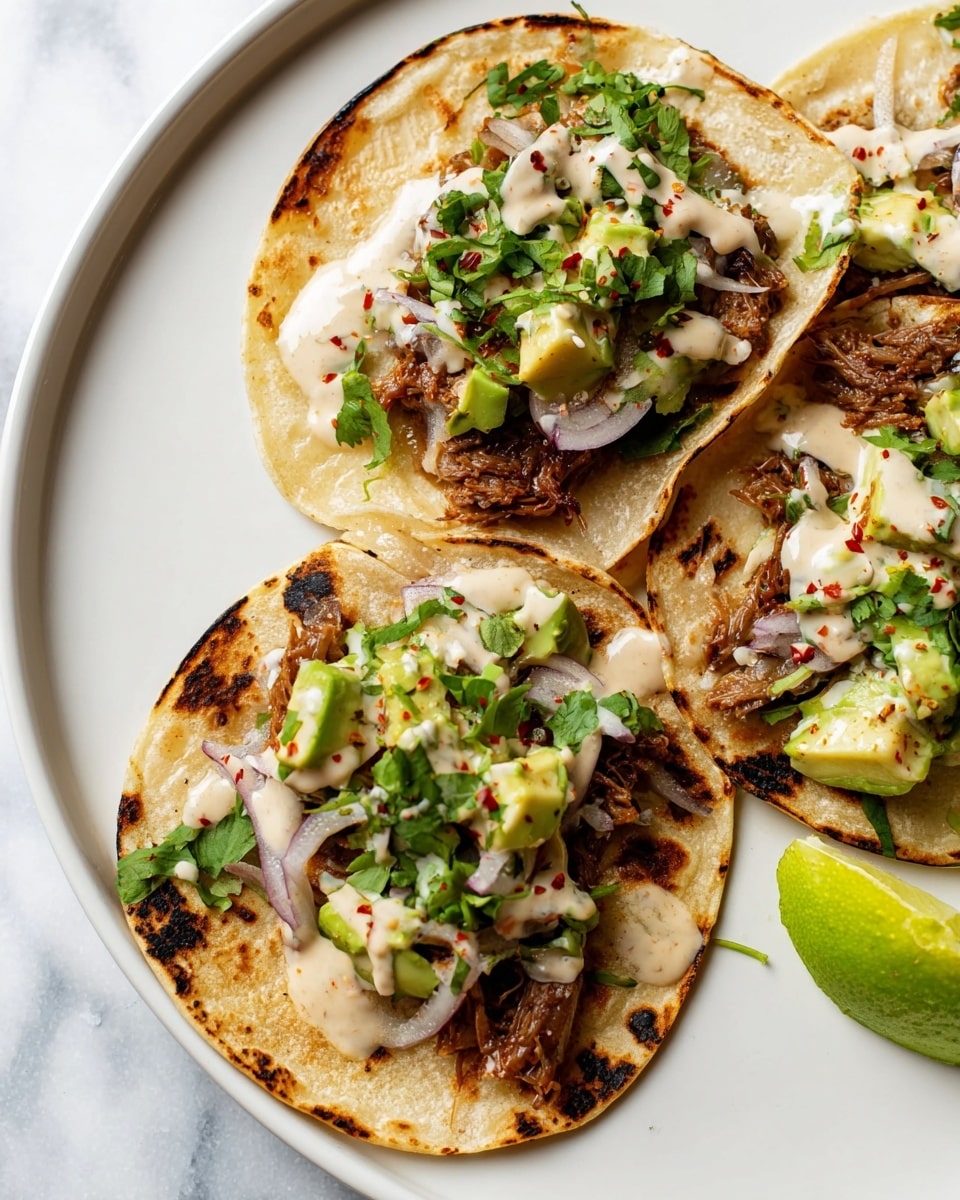 The image shows three small soft corn tortillas lightly toasted with some char marks, each topped with shredded brown meat, creamy light-colored sauce with green herbs and red specks drizzled on top, chunky pale green avocado pieces, and small pieces of purple onion. Fresh green cilantro leaves are sprinkled over the tacos and the white plate. A lime wedge with bright green skin is placed to the side. The plate sits on a white marbled surface. photo taken with an iphone --ar 4:5 --v 7