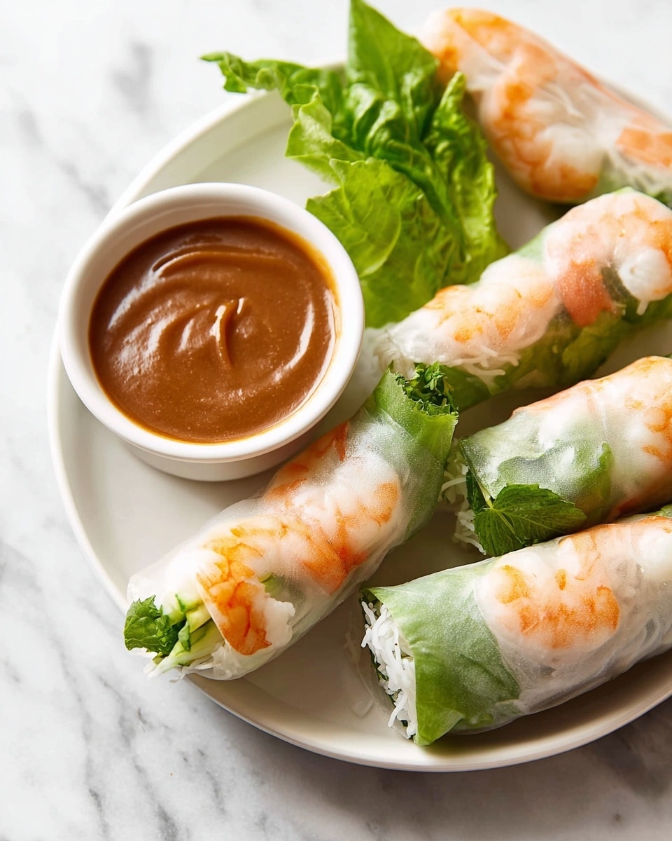 A woman's hand with black nail polish holds a translucent spring roll, showing layers of pink shrimp and green leafy lettuce inside the thin rice paper wrap. The spring roll is being dipped into a small white bowl of thick brown sauce placed on a white plate. Surrounding the bowl are several more spring rolls, each filled with white rice noodles, green lettuce, and pink shrimp, resting on the white plate set on a white marbled surface. The background is softly blurred with a light-colored cloth. photo taken with an iphone --ar 4:5 --v 7