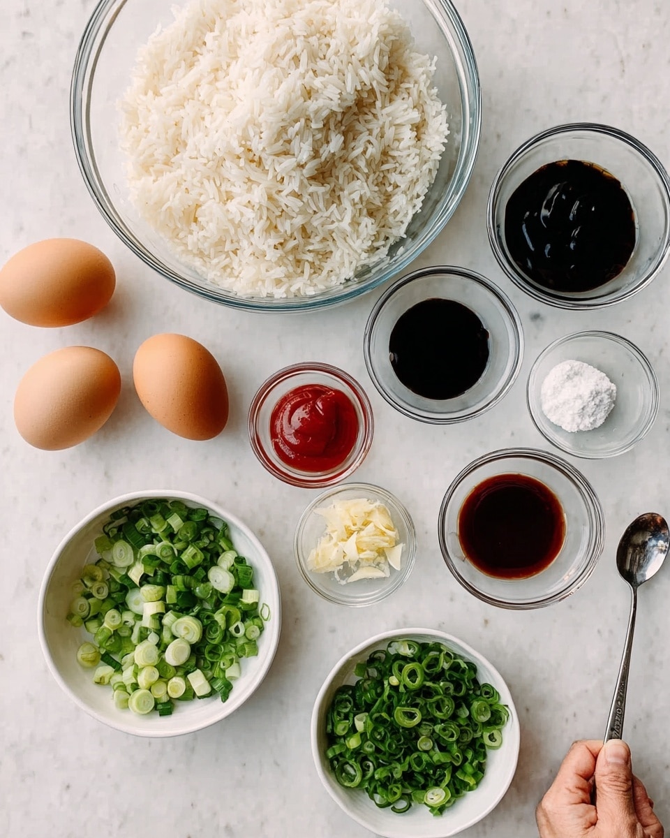 The image shows a white marbled surface with several clear and white bowls and glasses filled with different ingredients. There is a large glass bowl full of cooked white rice at the top left. Two whole brown eggs are placed below it on the marbled surface. To the right of the eggs, there are small clear bowls containing dark soy sauce, light soy sauce, chopped green onions, red ketchup, a small amount of white minced garlic, and a small amount of dark thick sauce. A white bowl with fresh green chopped scallions is at the bottom center. A woman’s hand holds a silver spoon near the bowls on the right side. Photo taken with an iphone --ar 4:5 --v 7