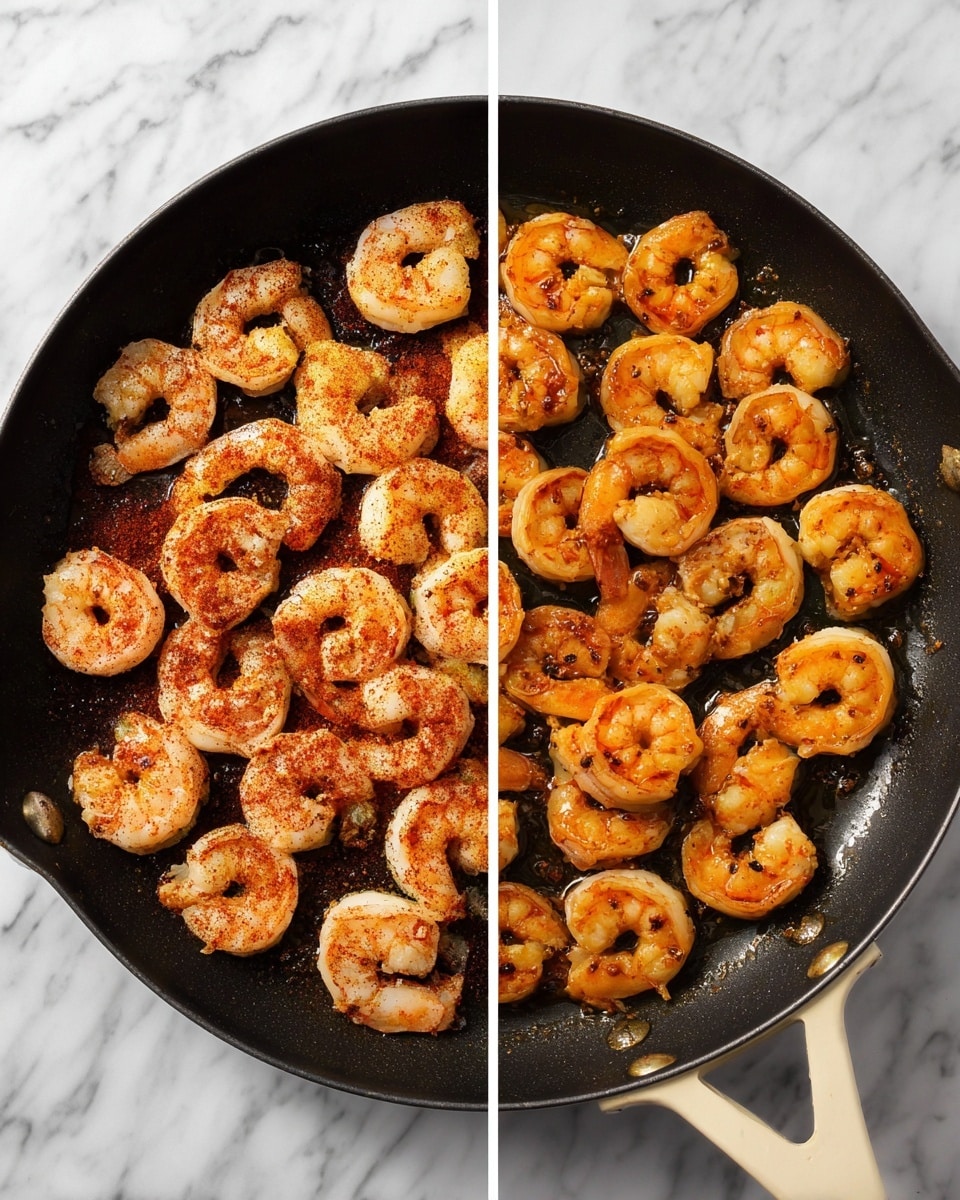 A side-by-side image with two views of shrimp cooking in a black skillet on a white marbled surface; the left side shows raw shrimp covered with a layer of reddish-brown spices spread evenly across the shrimp, while the right side displays the shrimp fully cooked, turned into a rich orange color with browned spots, arranged closely together in the same skillet. The skillet has a pale handle and the background is a clean white marbled texture. photo taken with an iphone --ar 4:5 --v 7