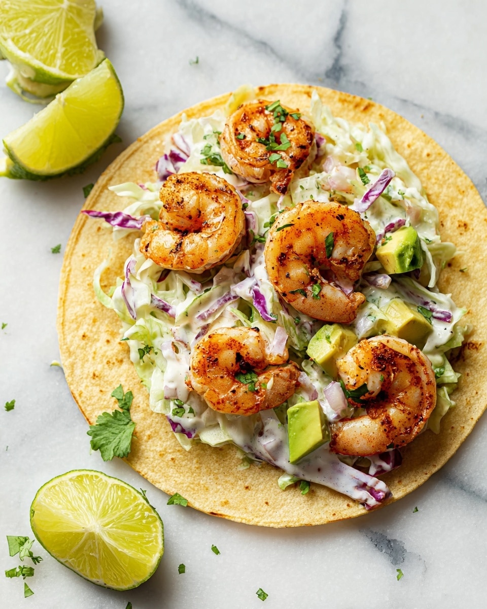 A soft yellow tortilla lays flat on a white marbled surface with four golden-brown cooked shrimp spread evenly on top. Beneath the shrimp, there is a layer of creamy white sauce mixed with thinly sliced pale green cabbage. Small cubes of bright green avocado and bits of light purple onion are scattered across the taco, along with small green cilantro leaves sprinkled over everything. To the side of the taco, there are wedges of fresh lime with a bright yellow inside. The image is sharp and bright, showing the textures of the shrimp and fresh ingredients clearly, photo taken with an iphone --ar 4:5 --v 7