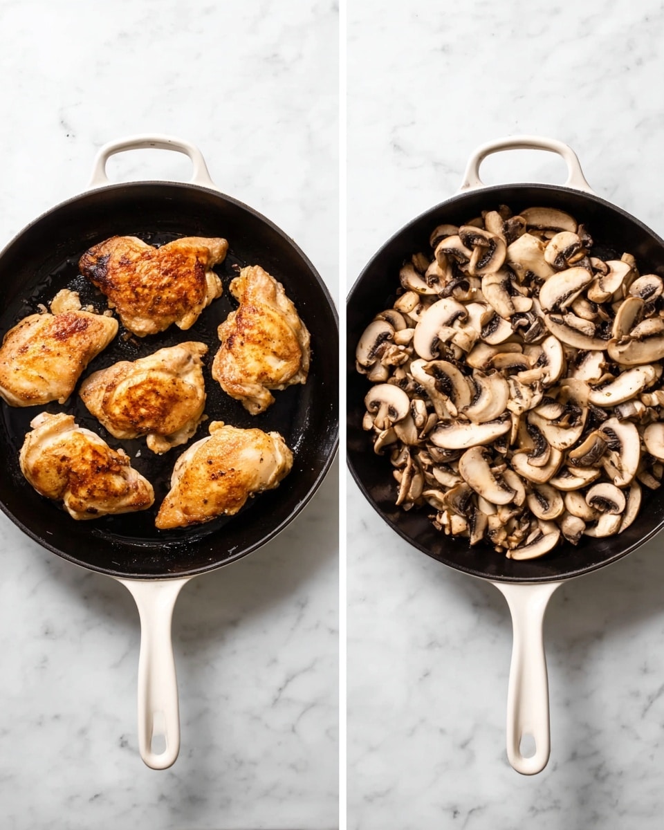The image shows two black cast iron pans with white handles placed on a white marbled surface. The left pan contains four pieces of browned cooked chicken with a golden crust, arranged evenly spaced across the pan. The right pan is filled with many sliced white and brown mushrooms, layered closely and spread out to cover the entire pan surface. Both pans are clean around the edges and have a matte finish on the inside. photo taken with an iphone --ar 4:5 --v 7