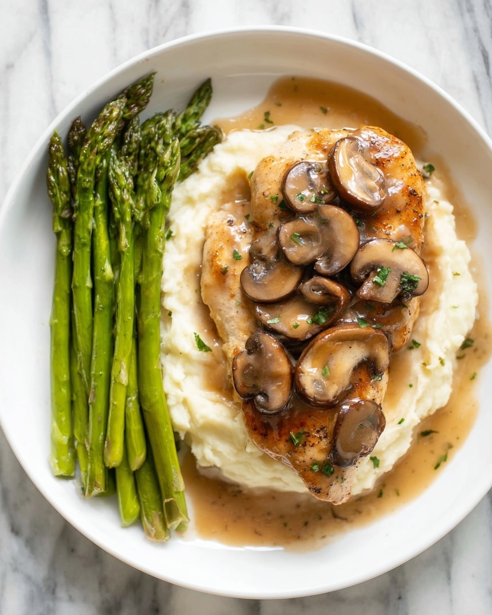 On a white plate, there is a piece of cooked chicken topped with sliced brown mushrooms and covered with a light brown mushroom sauce, placed slightly to the right of center. Below and to the right of the chicken, there is a smooth, creamy white layer of mashed potatoes, also topped with the same mushroom sauce and mushroom slices. To the left side of the plate, there is a neat row of bright green asparagus spears, standing upright and fresh-looking. The entire plate sits on a white marbled surface, and the image has bright, natural lighting. Photo taken with an iphone --ar 4:5 --v 7