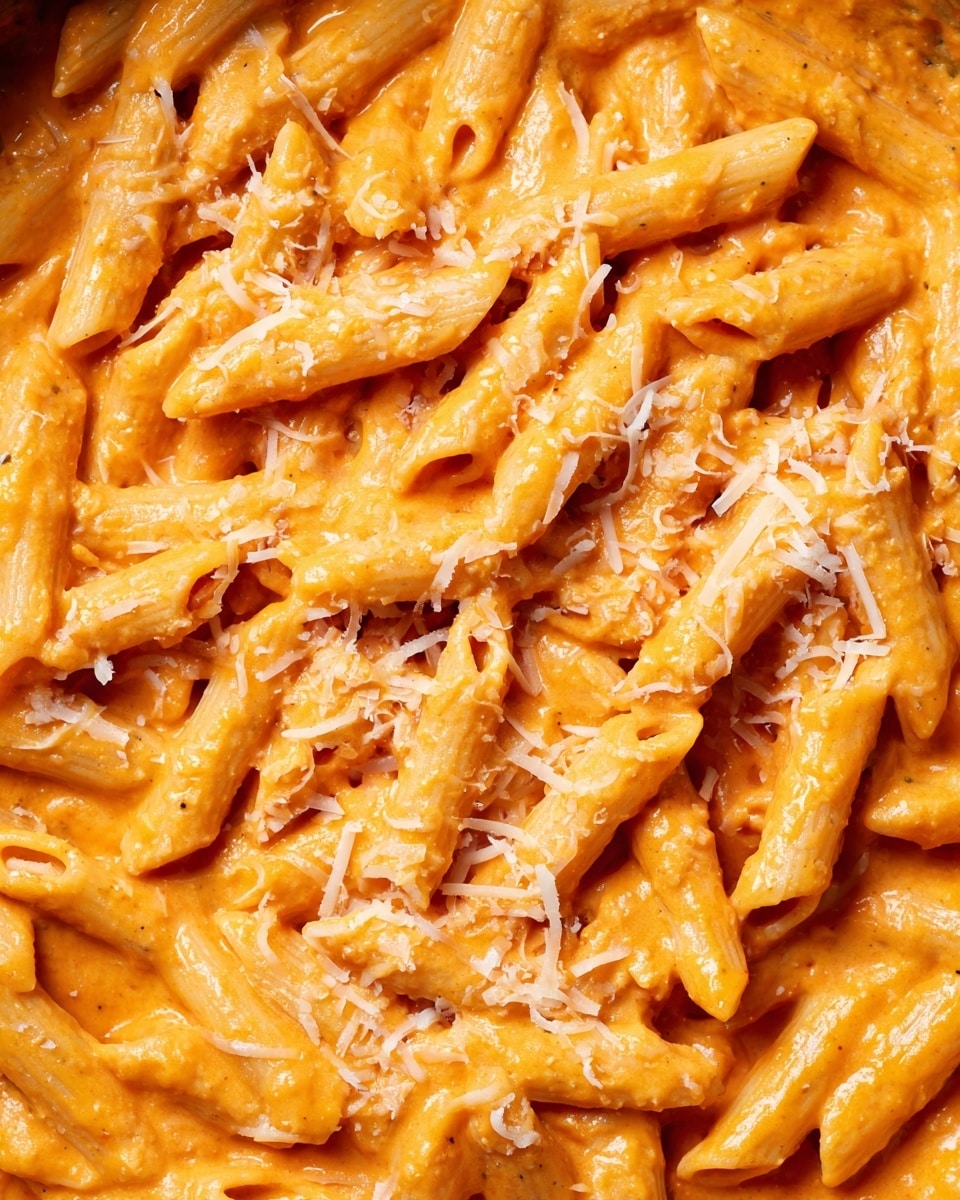 The image shows a close-up view of about three layers of penne pasta coated in a thick, creamy orange sauce with a smooth texture. The pasta pieces are a warm yellow color, some with light ridges and hollow centers, sitting evenly throughout the sauce. Finely grated white cheese is lightly sprinkled on top, adding small fluffy patches that contrast gently with the orange sauce. The background shows a white marbled texture barely visible beneath the pasta and sauce. photo taken with an iphone --ar 4:5 --v 7