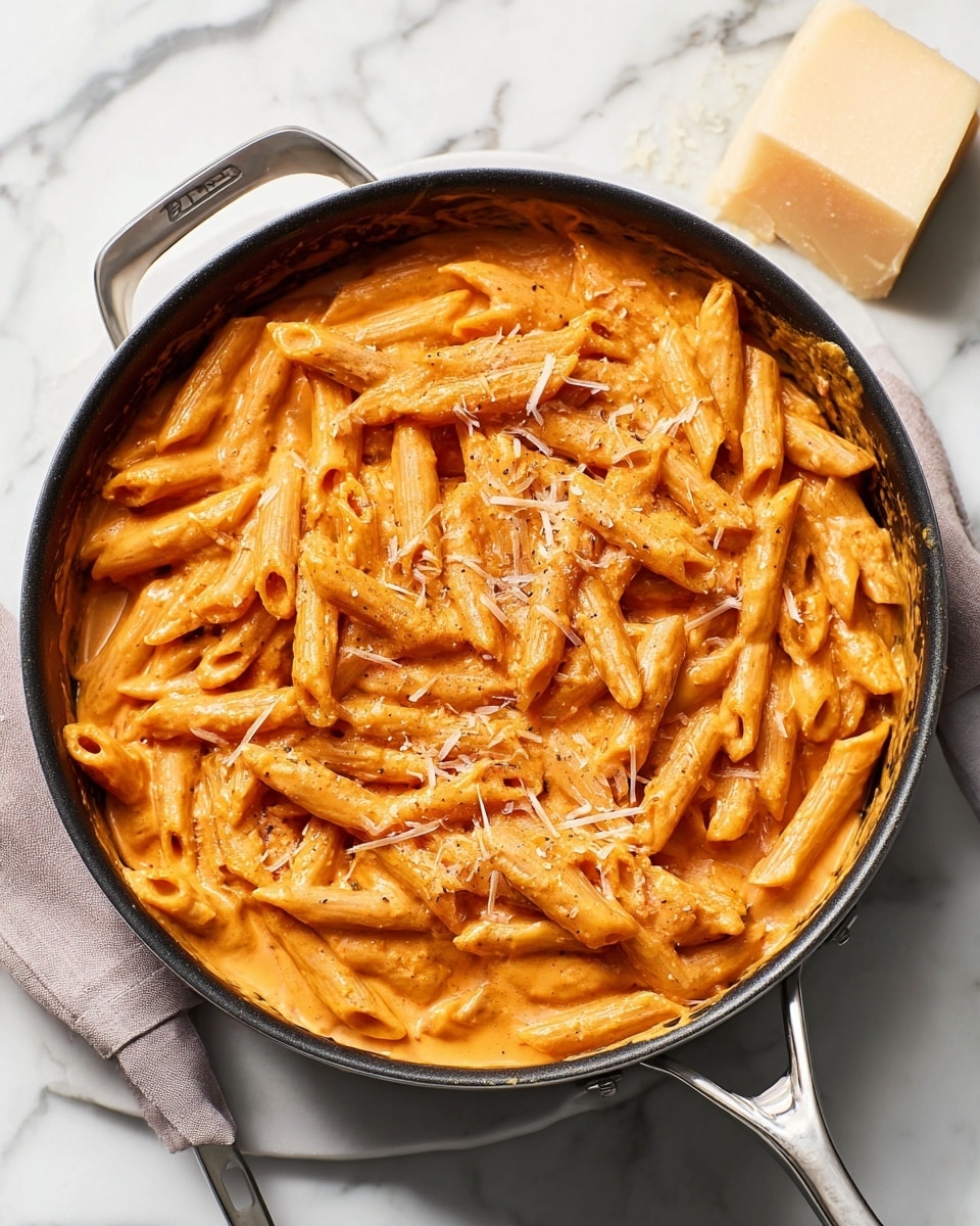 A black pan with a gray handle sits on a white marbled surface, filled with creamy, orange-colored penne pasta coated in a smooth sauce. The sauce looks rich and thick, evenly covering the pasta pieces, which are soft with visible ridges. A few light shavings of cheese are scattered on top of the pasta, adding texture and a slight contrast in color. A small piece of hard cheese rests on the marbled surface near the pan. photo taken with an iphone --ar 4:5 --v 7
