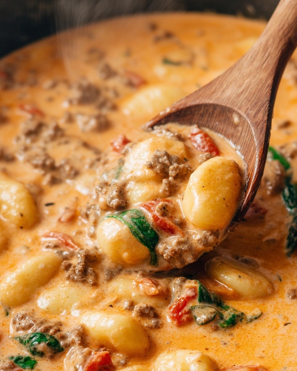 A wooden spoon lifts creamy orange sauce thick with soft, plump gnocchi pieces, browned ground meat, and small bits of red tomato and green spinach scattered throughout. The rich sauce has a smooth texture with some small pepper specks visible. The image close-up shows the steam rising gently from the warm dish, all set against a white marbled texture. photo taken with an iphone --ar 4:5 --v 7