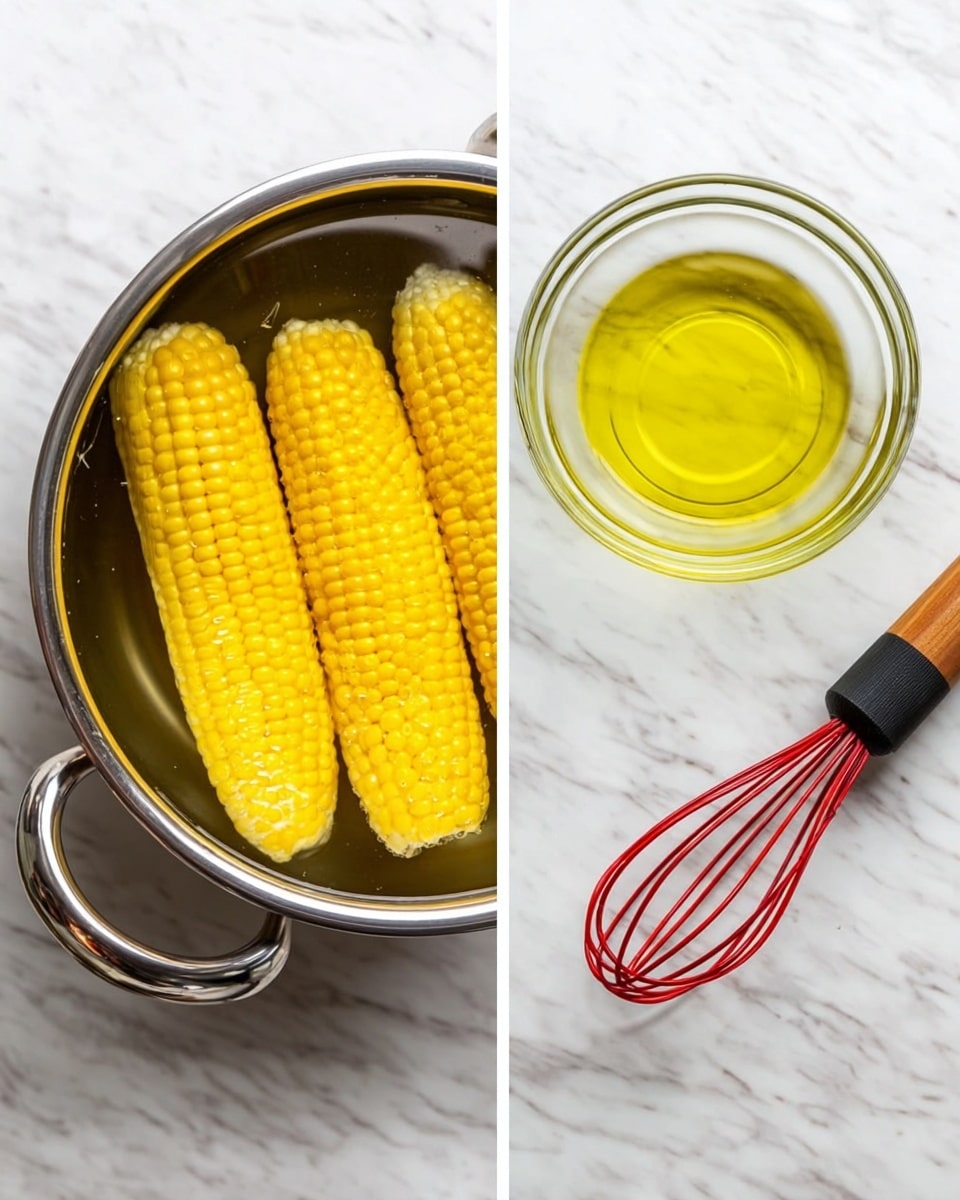 The left side shows four bright yellow corn cobs placed side by side in a shiny silver pot filled with water, sitting on a white marbled surface. On the right side, there is a clear glass bowl with a small pool of golden olive oil inside and a red and black whisk resting on the edge, also placed on the white marbled surface. photo taken with an iphone --ar 4:5 --v 7