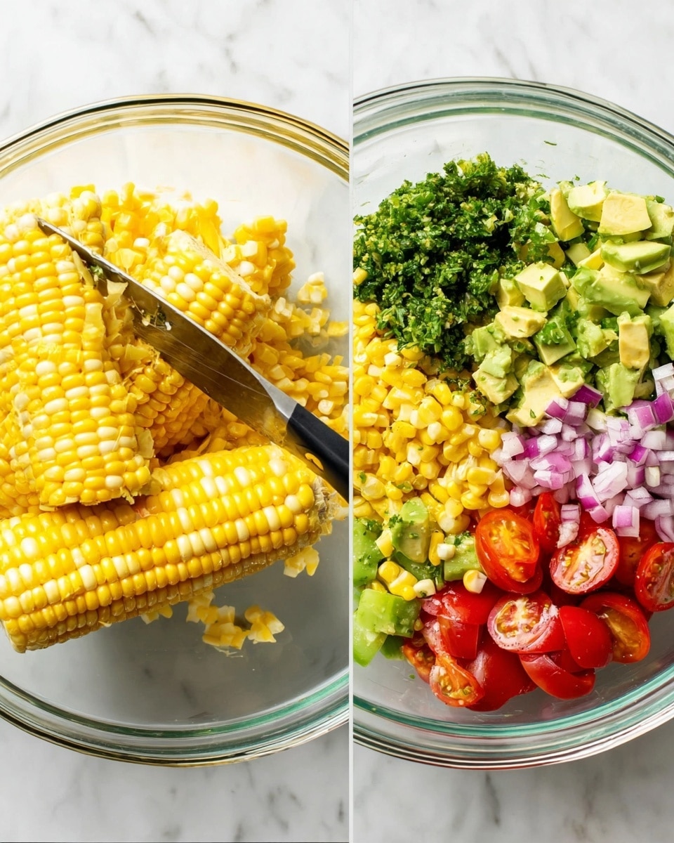 Two glass bowls sit on a white marbled surface. The left bowl shows a bright yellow corn cob being sliced with a black-handled knife, with a few pieces of corn and cob bits falling inside the bowl. The right bowl contains several colorful layers: at the bottom are bright yellow corn kernels and chopped pieces of corn cob, topped on one side with finely chopped green herbs, next to bright green diced peppers, creamy chunks of light green avocado, halved red cherry tomatoes, and small pieces of finely chopped purple onion, all arranged side by side in the bowl. photo taken with an iphone --ar 4:5 --v 7