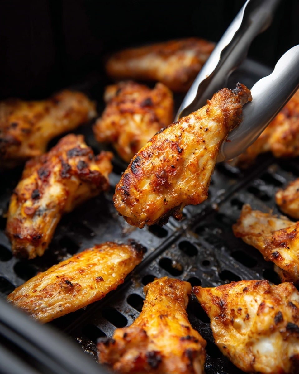 The image shows two scenes side by side on a white marbled surface. The left side has a clear glass bowl filled with raw chicken wings seasoned with pepper and spices, the pale pink wings layered loosely inside the bowl. The right side shows cooked chicken wings placed in a black air fryer basket, golden and slightly browned. A woman's hand is holding metal tongs to pick one wing from the basket, which has ridged texture beneath the wings. photo taken with an iphone --ar 4:5 --v 7