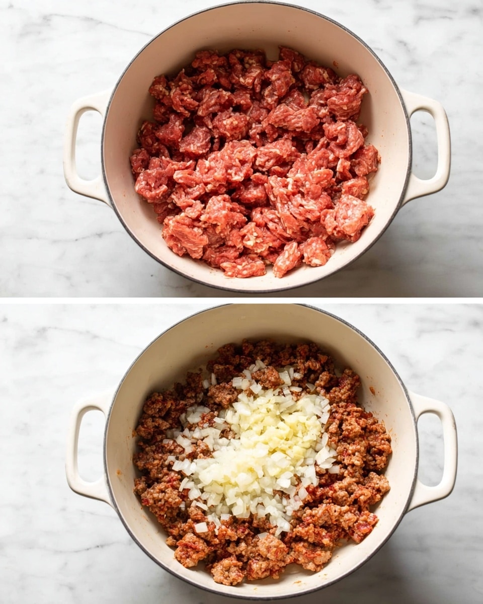The first image shows a white pot filled with raw, reddish ground meat placed on a white marbled surface. The meat is broken into uneven chunky pieces filling the pot evenly. The second image shows the same white pot on the same white marbled surface, but now the meat is browned and cooked into smaller, crumbly pieces. On top of the browned meat, there is a layer of finely chopped white onions and some minced pale yellow ginger or garlic. The scene captures both raw and cooked stages in the pot. photo taken with an iphone --ar 4:5 --v 7