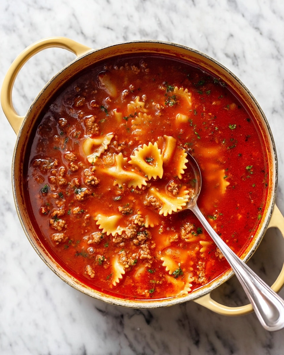 A top view of a light yellow pot filled with rich red soup that has small chunks of ground meat and pasta pieces with ruffled edges floating throughout. The soup appears thick with a shiny surface dotted with small green herb bits. A silver ladle dips into the soup on the right side of the pot. The pot sits on a white marbled surface that contrasts with the deep red color of the soup photo taken with an iphone --ar 4:5 --v 7