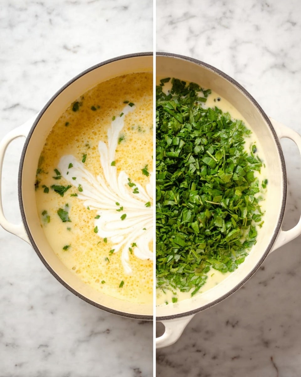 The image shows two views of a yellow and cream-colored soup or sauce in a round white pot sitting on a white marbled surface. On the left, the pot is filled with a creamy liquid that has a pale yellow texture with some white cream swirled on top. On the right, the same creamy base is now covered with a large pile of fresh, bright green chopped herbs, mostly covering the surface, with some chunks and small leaves clearly visible. photo taken with an iphone --ar 4:5 --v 7