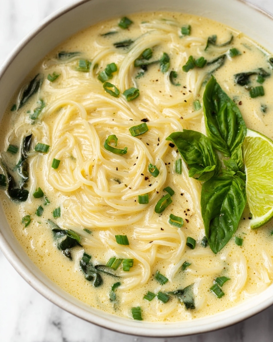 A close-up view of a white bowl filled with creamy light yellow soup with thin noodles tangled gently throughout. There are visible small green leafy herbs and chopped chives scattered on top, adding spots of dark and bright green. A fresh basil sprig and a lime wedge sit on the soup’s surface near the edge, showing their vibrant green colors. The bowl is placed on a white marbled surface, giving a clean and soft background effect. The soup looks warm and smooth with small bubbles and specks of ground pepper visible. Photo taken with an iphone --ar 4:5 --v 7