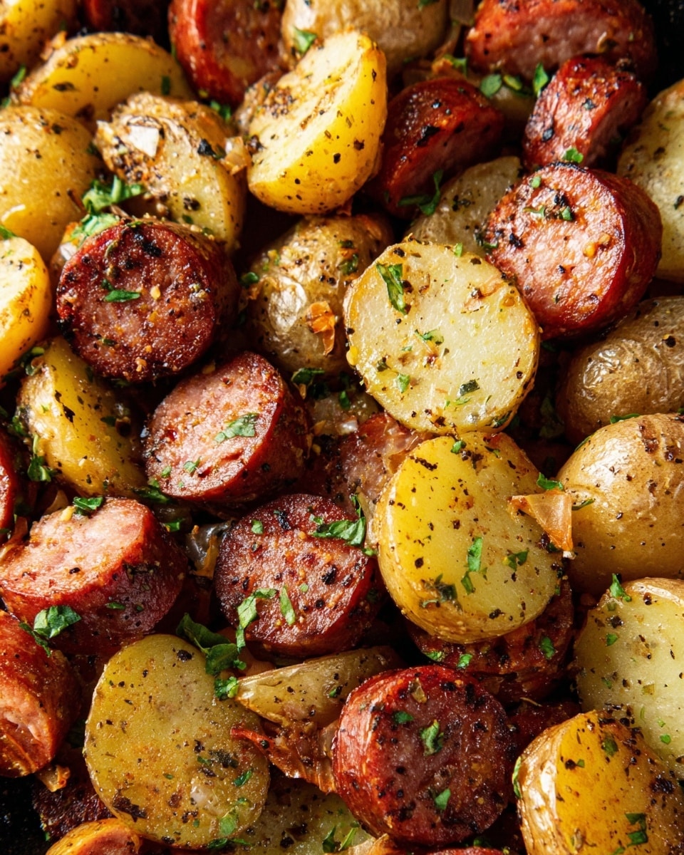 The image shows a close-up of a dish with two main layers mixed together: golden brown baby potatoes and reddish-brown round sausage slices. The potatoes have a slightly crispy texture on the edges and a soft yellow center, while the sausage pieces have a cooked surface with some darker seared spots. Both are seasoned with black pepper and small green herb bits scattered on top, adding color contrast. The ingredients are arranged closely, filling the frame with a sense of warmth and richness. The background is a white marbled texture photo taken with an iphone --ar 4:5 --v 7